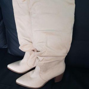 Womens Pointed Toe Knee High Boots Mid Chunky Heel Faux Suede Side Zipper Ridin